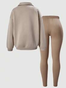 SHEIN 2pcs Women's Casual Thermal Lined Mock Neck Half Zip Long Sleeve Sweatshirt And Skinny Pants Set - Multicolor - View 5