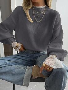 DAZY 新款秋季宽松休闲蕾丝拼布女式毛衣 - 灰色 - 查看 2