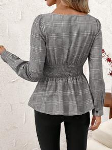 SHEIN Clasi 女士格子长袖收腰褶裥下摆时尚衬衫，秋冬女装，优雅女式衬衫 - 灰色 - 查看 2