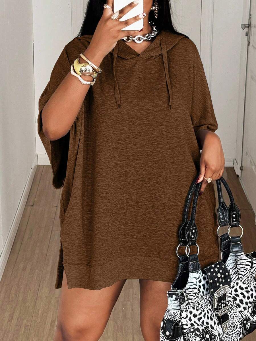 Maweii Große Größen einfarbiger, lässig locker sitzender Sweatshirt - Braun - Übersicht 1