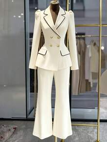 GlowEve 撞色饰边西装外套 + 高腰裤 - 杏色 - 查看 1