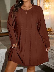 SHEIN LUNE Abito casual lavorato a maglia con motivo a trecce, scollo tondo, maniche lunghe, adatto per autunno/inverno, taglie comode - Caffè Marrone - Visualizzare 1