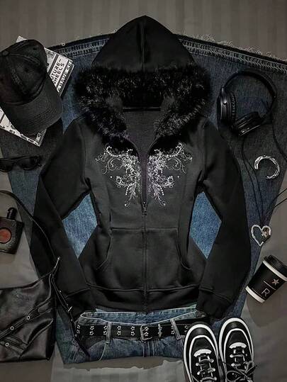 SHEIN EZwear Women's Floral Print Rhinestone Zipper Front Fuzzy Collar Casual Sweatshirt, Autumn/Winter Rhinestone Zip Up Cross Goth Style Rockstar Women Anime