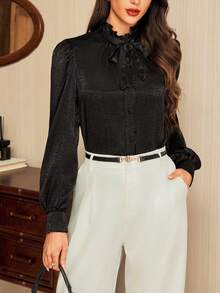 Vintamour 复古优雅女士衬衫，荷叶边领口、蝴蝶结袖口和褶皱细节设计，长袖休闲工作衬衫，适合秋季、返校季和冬季穿着。 - 黑色 - 查看 2