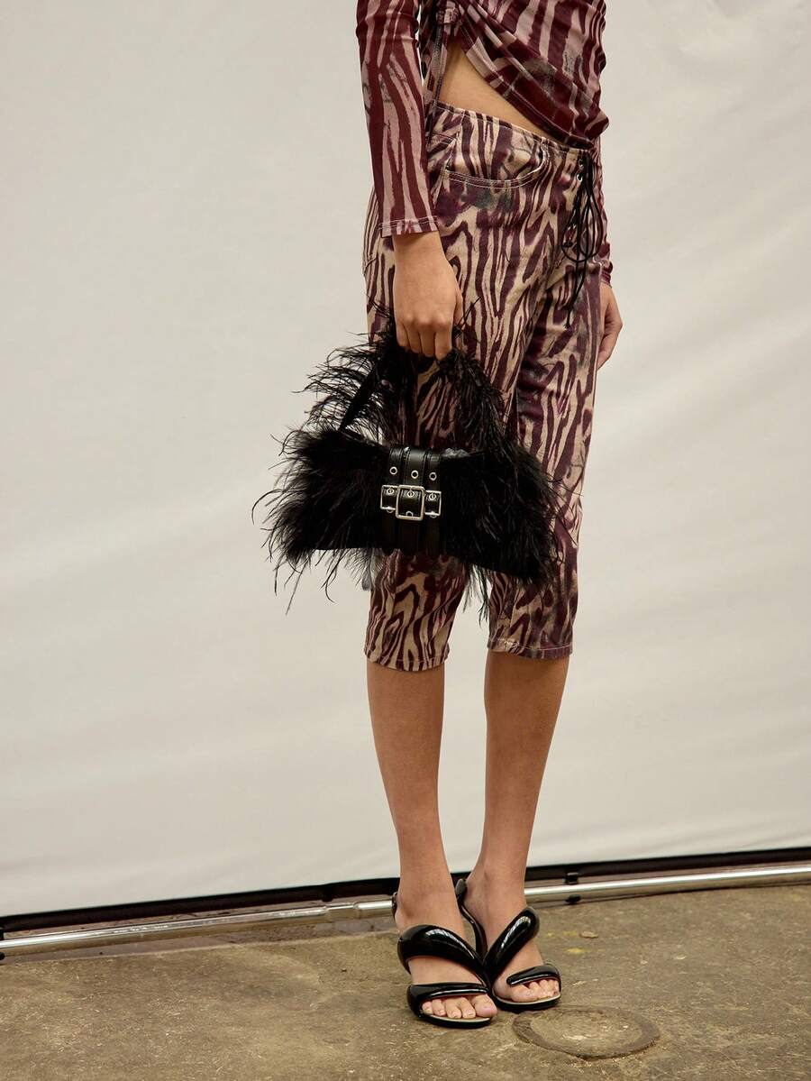 MUSERA 羽毛装饰仿皮搭扣手提包，适合节日、假日、派对、圣诞节等场合。 - 黑色 - 查看 1