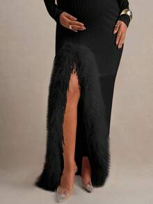 MaterniChic Pregnant Women's Elegant Patchwork Fuzzy Trim Long Sleeve Split Dress, Autumn - Black - View 6