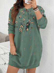 EMERY ROSE Vintage Gold Feather Print Casual Minimalist Plus Size Sweatshirt, Suitable For Party, Autumn/Winter - Multicolor - View 4