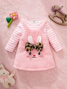 SHEIN Baby Girl Cute Pink Striped Plush Sleeveless Dress Outfit,Winter Long Sleeve T-Shirt Rabbit Embroidery Set,Back To School Matching Family Outfit - Pink - View 4
