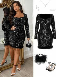Femmeverse Robe de soirée à manches longues avec sequins et décorations de plumes pour femmes grandes tailles, tenue de cérémonie - Noir - Voir 1