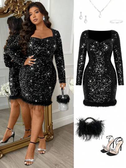 Femmeverse Plus Size Women Black Slim Fit Sequin & Feather Decor Long Sleeve Party Dress, Formal Gown,New Year, Glamorous,Party,Festival,Christmas,Light,Night Out For Women In Fall/Winter