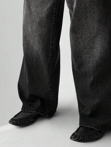 ESTAVOR 男士休闲日常水洗猫须斜口袋喇叭牛仔裤 - 黑色 - 查看 6