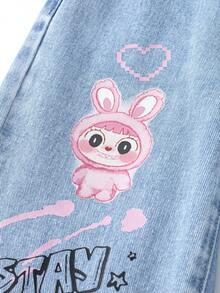 SHEIN ChillGRL Fashionable Young Girls Light Wash Denim Jeans With Playful Rabbit Heart And Letter Prints Straight Leg Long Pants Kids Fashion