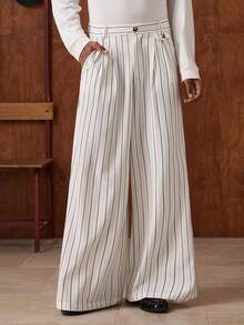 SWAVVY Quần ống rộng kẻ sọc thường ngày thời trang nam - trắng - Xem 1