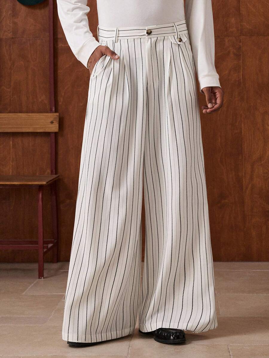 SWAVVY Quần ống rộng kẻ sọc thường ngày thời trang nam - trắng - Xem 1