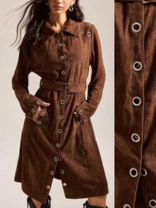 Easelle Vintage Women's Brown Suede Eyelet Design Waist Belt Trench Coat, Autumn Women's Winter Jacket Metal Chicken Eye Decoration Design