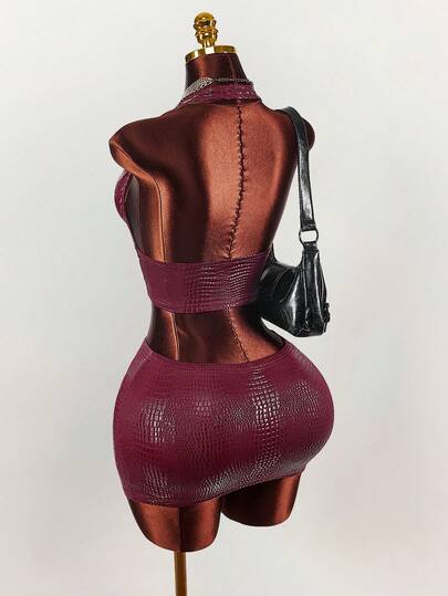 Amplova Y2K Amplova  Women's Red Burgundy Crocodile Print Sexy V-Neck Top And Mini Skirt Set, Party Outfit