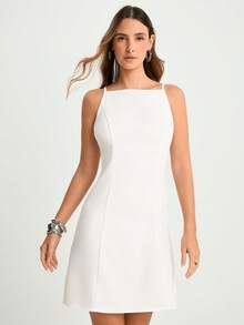 CAJUNI 女士白色夏季梭织面料修身无袖高领包臀迷你连衣裙 | 现代优雅派对花园假日婚礼风格，女士白色连衣裙，白色鸡尾酒裙，白色曲线连衣裙，白色绷带裙，优雅白色连衣裙 - 白色 - 查看 4