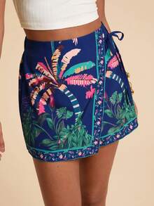 Travachic 女士棕榈树印花侧系腰短裤，热带风情短裤，时尚沙滩装，休闲度假装，夏季假日装，春假装，派对装，海滩装，春季装，情人节装，狂欢节装扮装，优雅花卉图案，狂欢节装，春夏过渡装，派对装，墨西哥风情短裤 - 彩色 - 查看 5