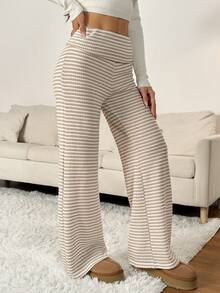 SHEIN PETITE 女式休闲通勤宽松阔腿裤，翻边腰身和拼色条纹图案 - 卡其色 - 查看 9