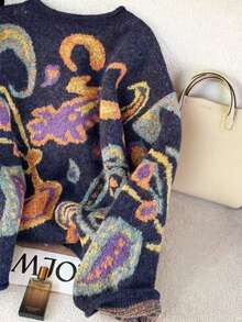 GlowEve CURVE 2025 大码女式时尚休闲简约百搭多色费尔岛图案宝石花卉纽扣小圆领针织开衫