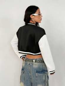 SHEIN PETITE 1 pieza Chaqueta bomber ligera de mujer con bloques de color contrastantes, ropa casual para el trayecto en otoño/invierno - Negro - Ver 2