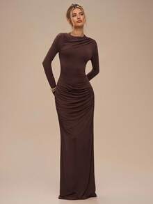 SHEIN BAE 纯色长袖露背系带褶饰优雅连衣裙，适合秋冬季，伴娘服，生日礼服，正式场合礼服，日常穿着 - 棕色 - 查看 7