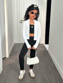 SHEIN 青少年女孩黑色立领拉链针织运动服套装（含紧身裤）、运动套装、运动休闲套装、慢跑套装 - 黑與白 - 查看 5