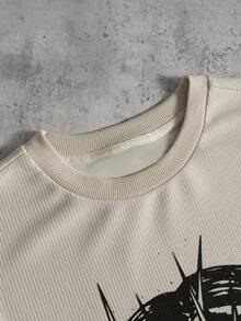 PAVTROS 男式字母和图案印花圆领长袖休闲 T 恤 - 卡其色 - 查看 9