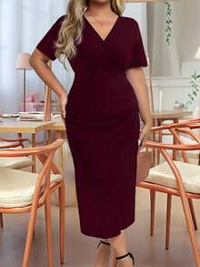 EMERY ROSE Đầm midi xếp ly tay ngắn cổ chữ V thanh lịch cỡ lớn cho nữ - Màu Đỏ Sâu - Xem 5