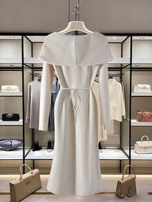 Lyxana Women's Elegant Solid Color V-Neck Long Sleeve Midi Dress, Versatile For Autumn - Apricot - View 2