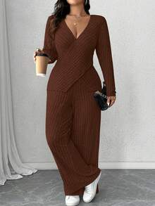 Elenzga 加大码柔软针织罗纹面料交叉长袖T恤+柔软罗纹阔腿裤休闲家居服两件套 - 咖啡棕 - 查看 5