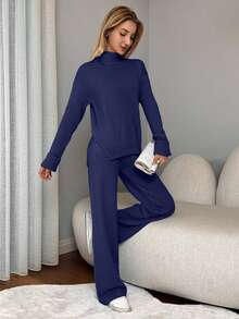 EURMUSE Conjunto de suéter con abertura en el bajo y pantalones de punto de mujer casual de otoño e invierno de talla pequeña - Azul Marino - Ver 4