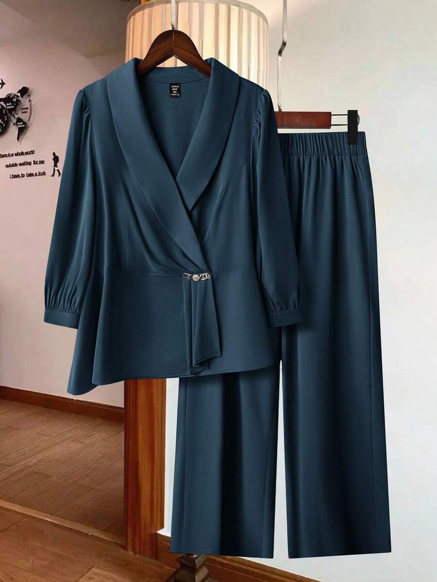 Modelyn Plus Size Solid Color Shawl Neck Long Sleeve Top And Elastic Waist Straight Leg Pants 2 Pieces Set - Blue - View 1