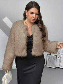 SHEIN Privé 秋冬大码女式仿皮草无领夹克 - 卡其色 - 查看 10