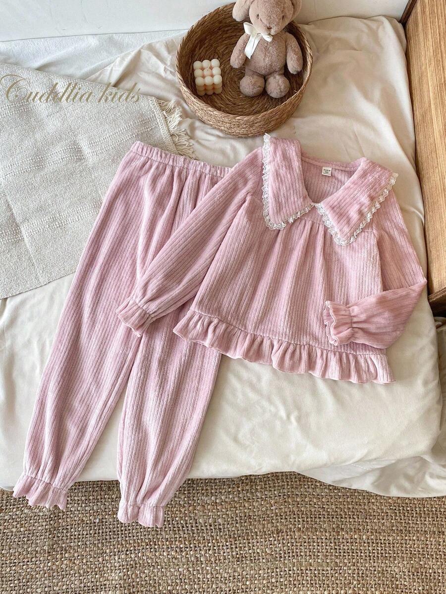 SHEIN Vintaside Kids 青少年女孩休闲蕾丝花边拼接领长袖上衣和裤子两件套睡衣套装 - 藕粉色 - 查看 1