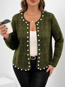 SHEIN Clasi Plus Size Women Tweed Print Beaded Decor Jacket, Suitable For Teachers, Autumn/Winter - Army Green - View 4