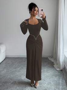 Elenzga 秋冬新款优雅淑女珍珠装饰腰部褶饰修身精致优雅高端黑白撞色设计连衣裙，适合生日派对、宴会、约会 - 棕色 - 查看 7