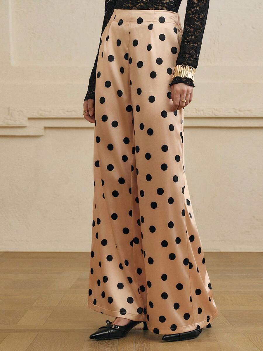 Cévolie 女士复古法式波点缎面休闲阔腿裤百搭秋季新品 - 香檳色 - 查看 1
