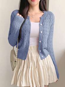 DAZY Áo khoác len cardigan xoắn đơn giản dành cho nữ, cài nút, tay dài, thu/đông - Màu xanh lam - Xem 2
