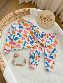 SHEIN 新生女婴休闲可爱卡通图案针织长袖睡衣套装 - 彩色 - 查看 2