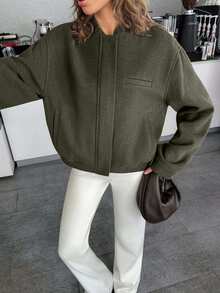 EURMUSE Women's Cropped Bomber Jacket With Elastic Hem And Minimalist Design, Stylish And Versatile Outerwea - Army Green - View 4