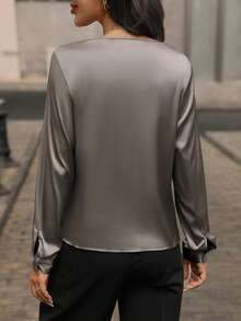 SHEIN Clasi 女式 V 领褶皱纯色长款休闲优雅衬衫，适合工作、约会、居家、派对、日常穿着、秋季 - 灰色 - 查看 2