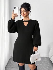 Elenzga Plus Size Casual Pearl Button Sweater Dress - Black - View 1