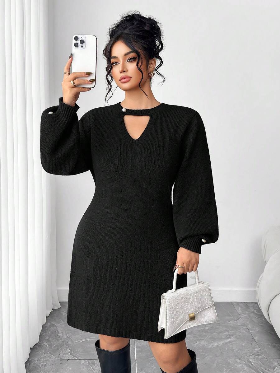 Elenzga Plus Size Casual Pearl Button Sweater Dress - Black - View 1