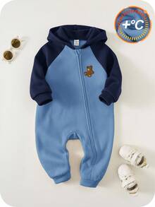 SHEIN Neugeborenes Baby Unisex süßes Bären Muster gestrickter verdickter Kapuzen-Romper, Herbst/Winter