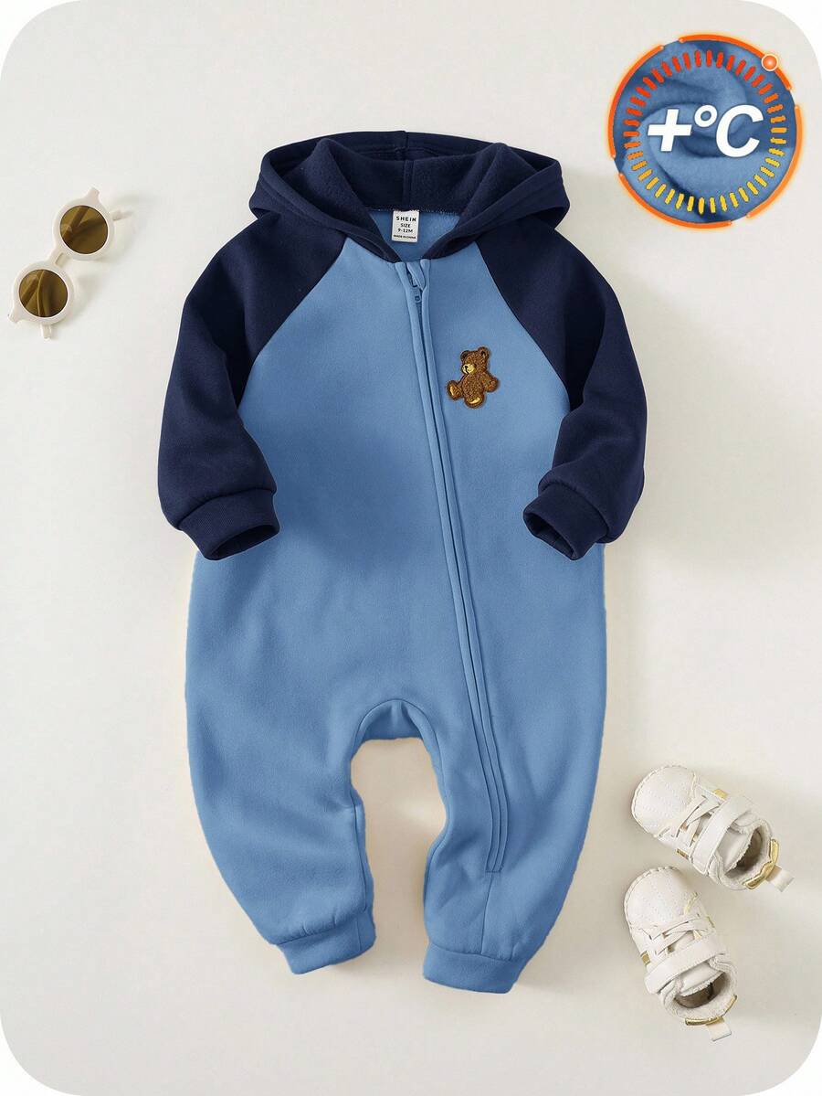 SHEIN Neugeborenes Baby Unisex süßes Bären Muster gestrickter verdickter Kapuzen-Romper, Herbst/Winter