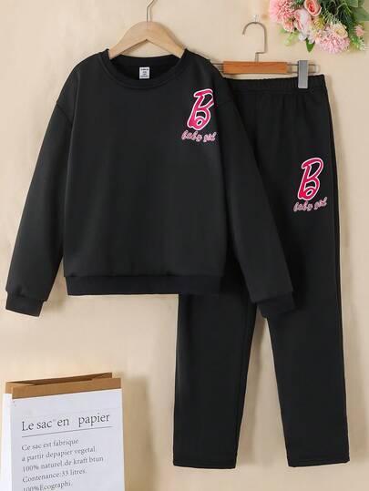 SHEIN 2pcs Girls Letter Print Solid Color Sweatshirt + Sweatpants Set