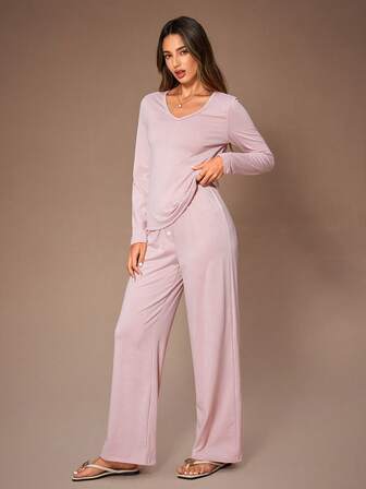 Lazeform Lazeform Striped Print Knit Casual V-Neck Long Sleeve Top And Pants Women Pajama Set, Winter Clothes