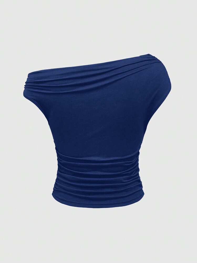 ROMWE Grunge Punk Y2K Shibuya Girl Midriff Cropped Ruched Asymmetric Shoulder Women T-Shirt - Blue - View 2