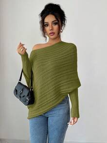 Elenzga 女士秋冬 Anneusta 上衣，适合假日/节日、独立日、音乐会、复古斯德哥尔摩街头风格、教师/办公室穿着，精致优雅的不对称领口长袖褶皱袖口撞色设计，工艺精湛，简约时尚百搭针织衫 - 橄欖綠 - 查看 5